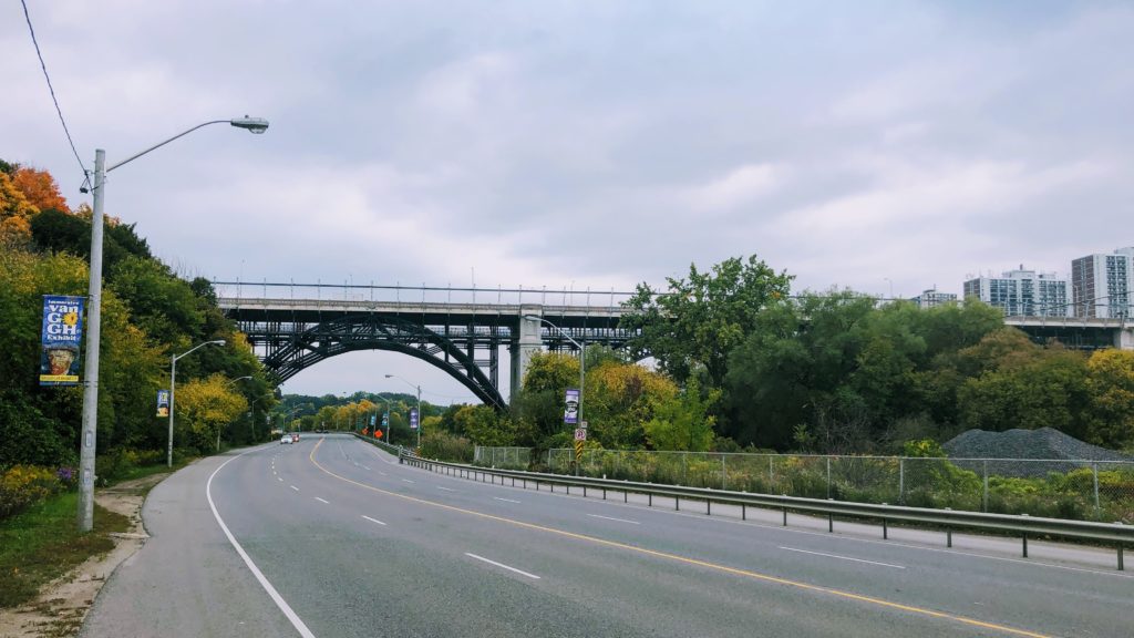 Looking back at the Bloor Viaduct off Bayview