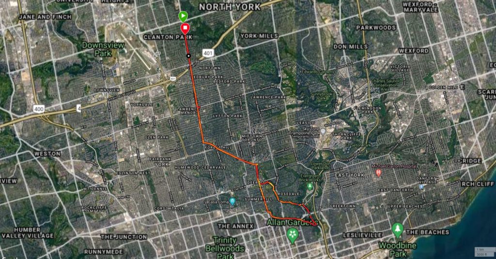 Map of my metric marathon long run through central toront