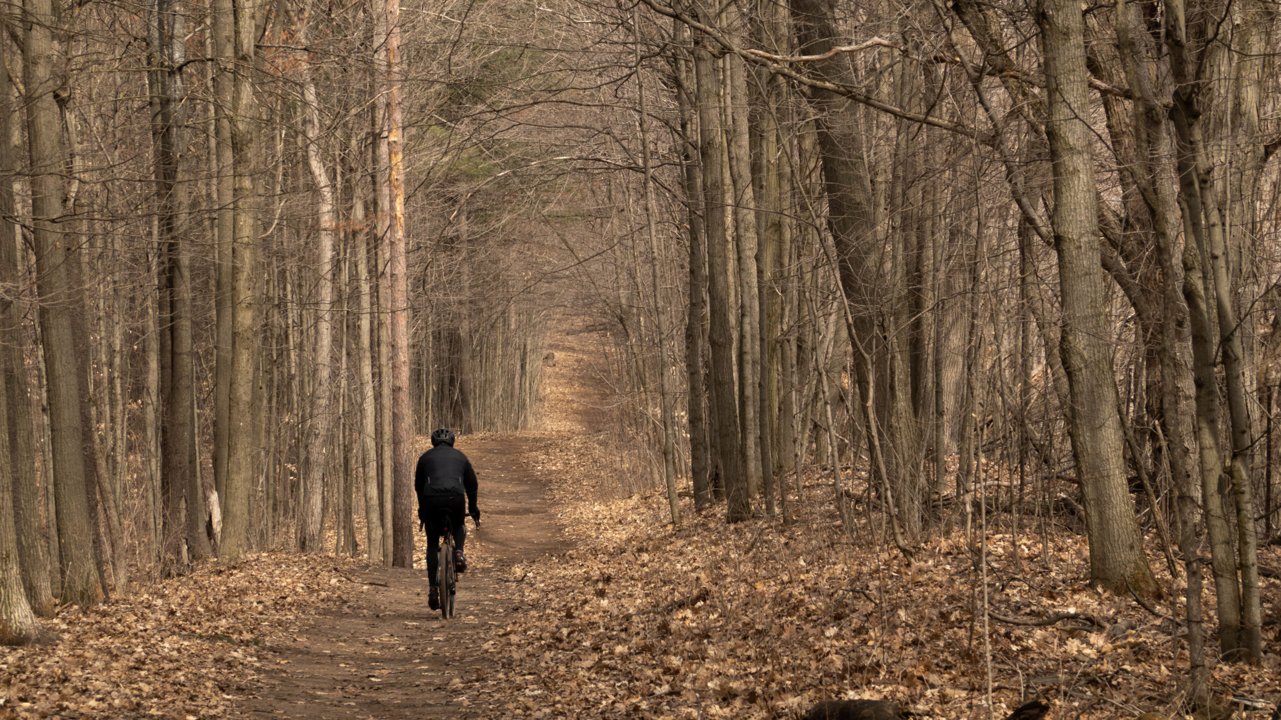 Photo of Cory riding a section of Wagg Rd in Uxbridge, which is actually double track trail, while riding of the early stages of the Durham Destroyer The Rookie route.