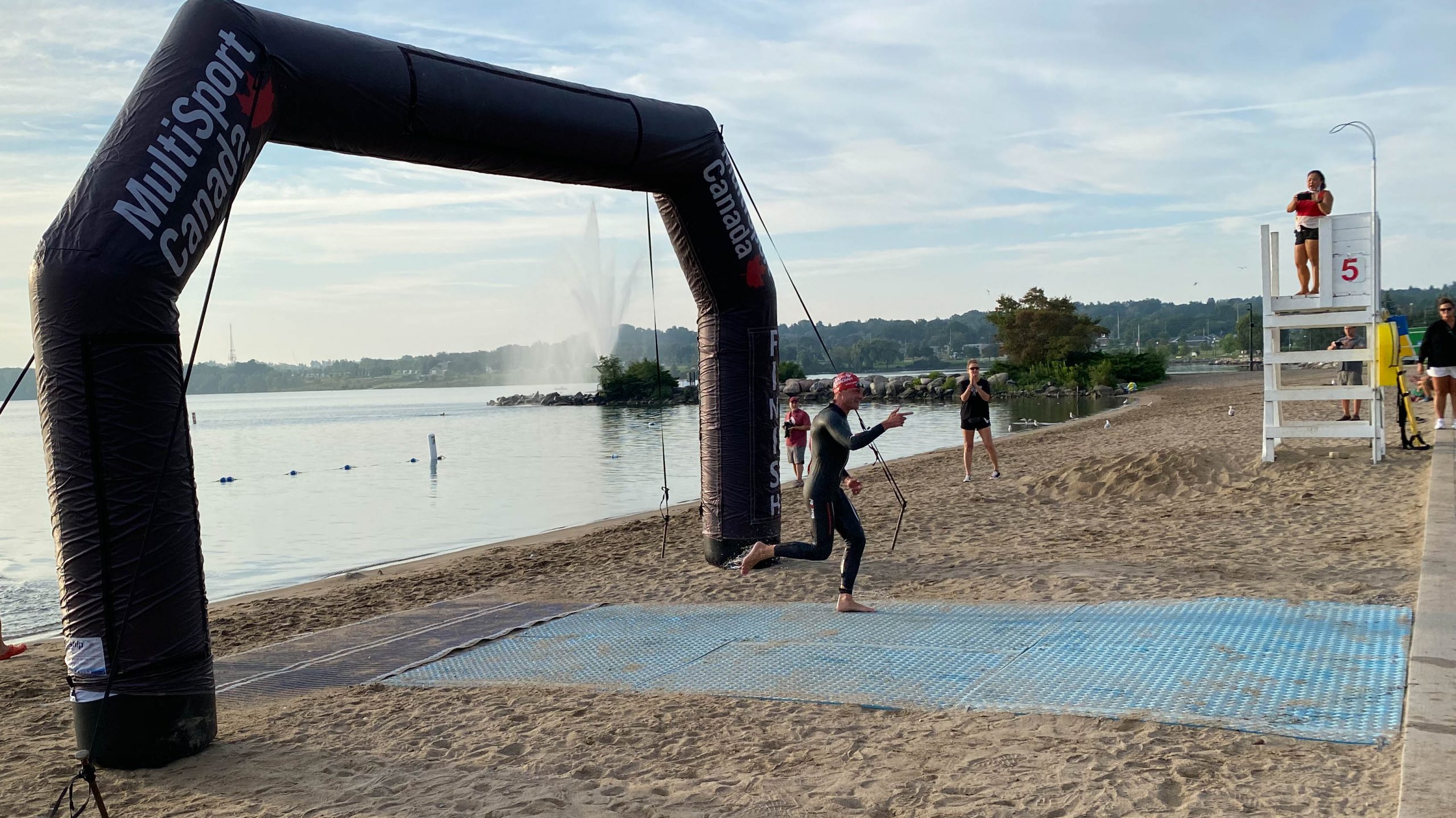 Jessie the Elf first out of the water, at the 2021 Barrie Triathlon