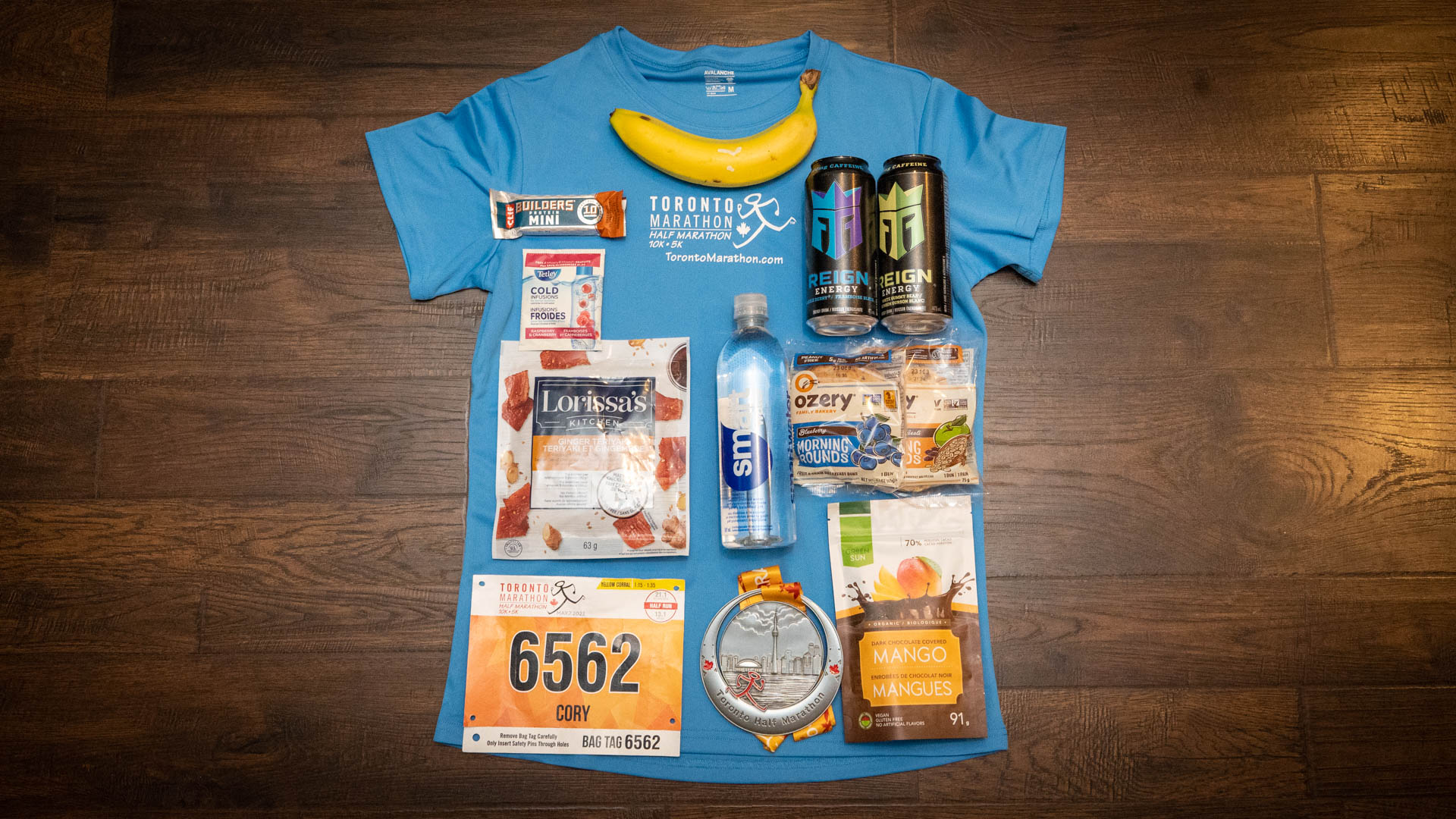 Race Shirt, Big, Medal, Banana, Energy Drinks, and Various Post Race Snacks