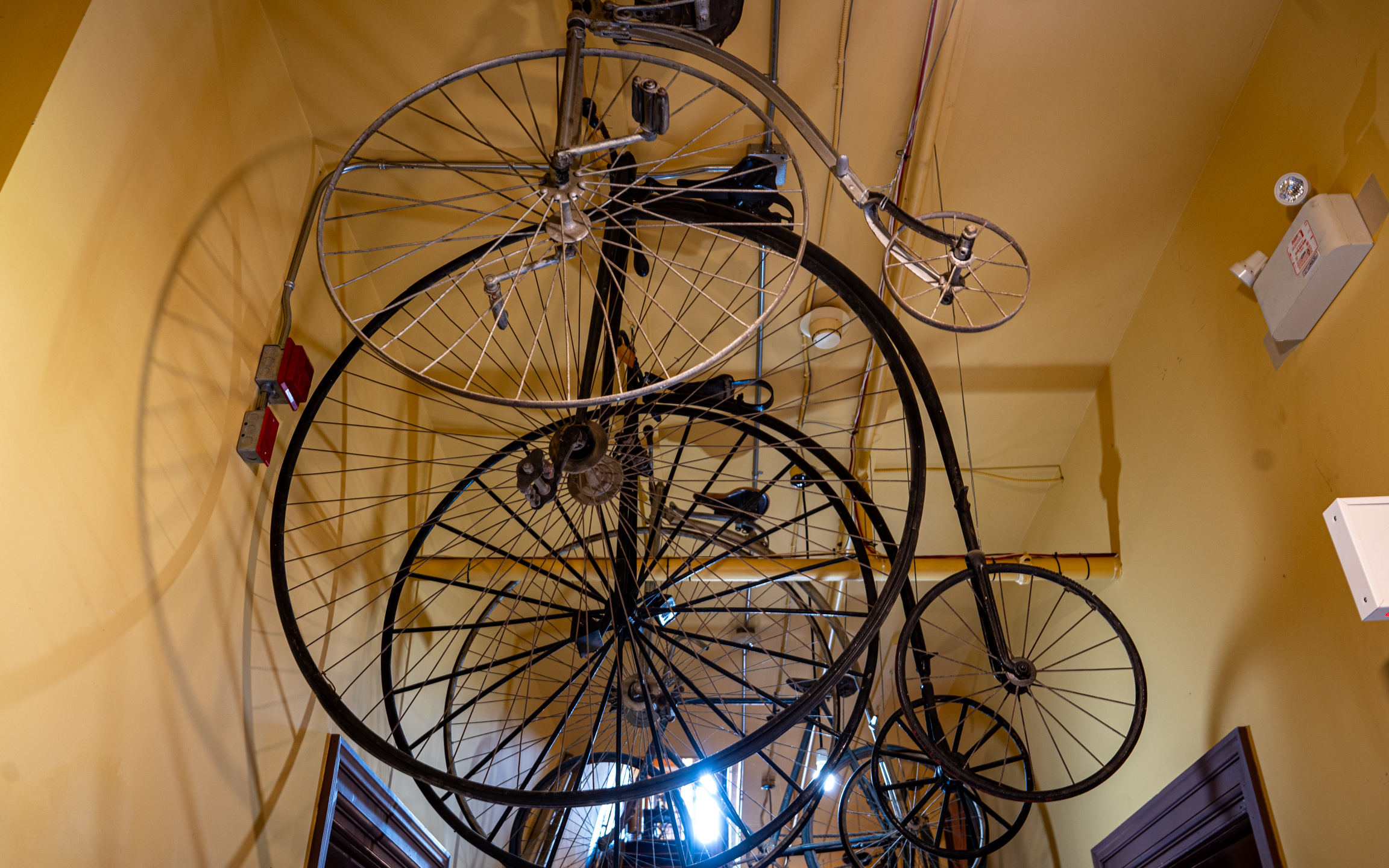 Classic bikes hanging at the Huron County Museum.