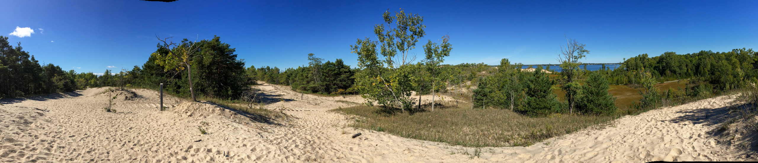 panoramic view of sand dunes with a small lake in the background