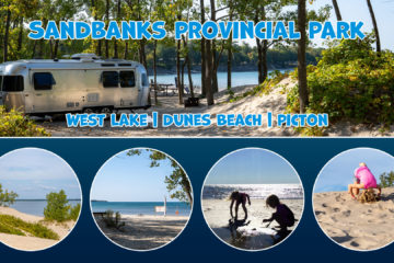 Blog Cover photo with four pictures showing a campsite, kids playing in the sand, and the dunes.