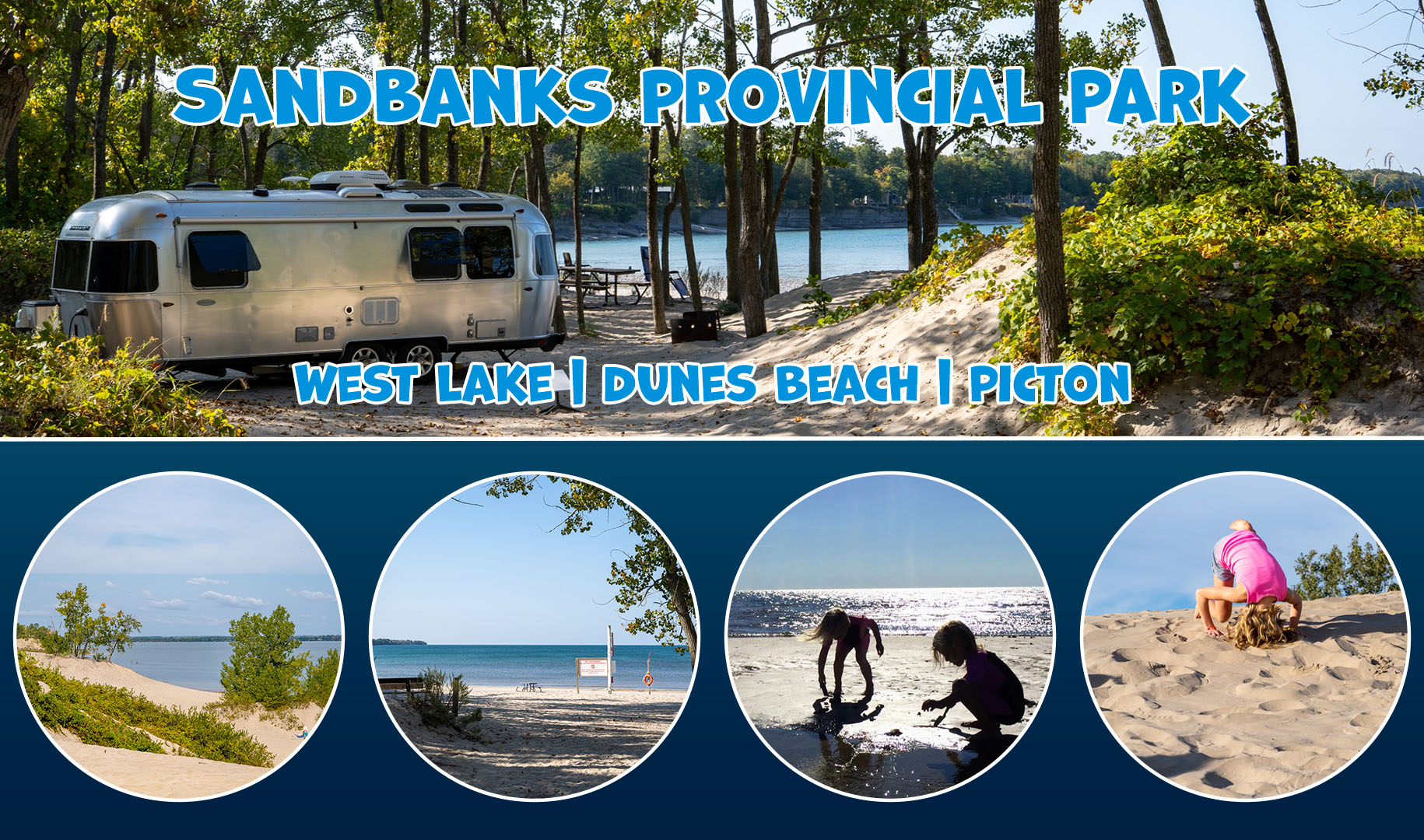 Blog Cover photo with four pictures showing a campsite, kids playing in the sand, and the dunes.